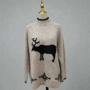 VTG Eddie Bauer Wool Sweater Sz XL 100% Wool Reindeer Mock Neck Nordic Winter